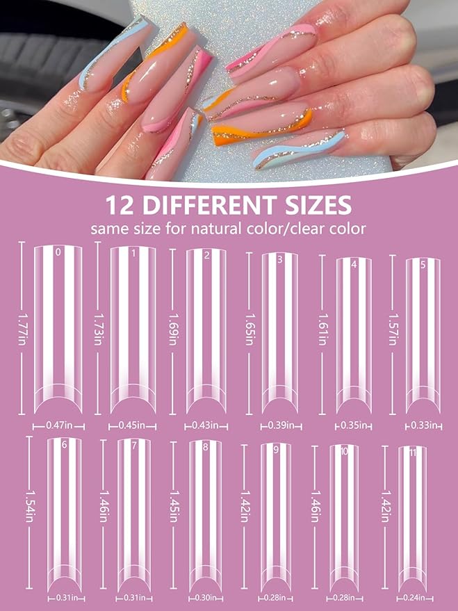 480PCS Extra Long C Curve Nail Tips and Glue, 2 Packs Natural and Clear Acrylic for Nails Professional Set, 12 Sizes Artificial Straight Square French False Nail Tips
