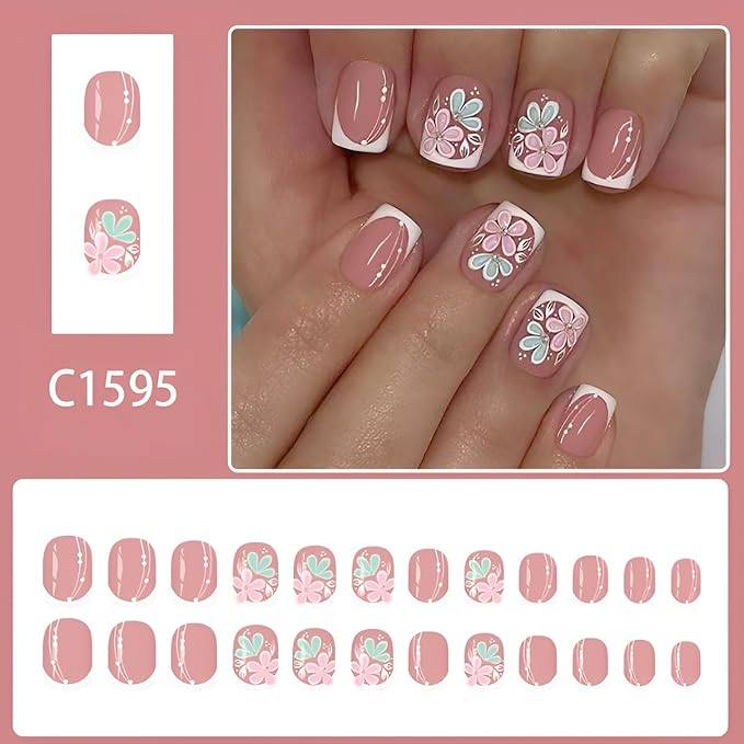 24Pcs Flower Press on Nails Short Square Fake Nails White French Tip Nails Press Ons Summer Spring Glue on Nail Glossy Full Cover False Nails Flower Stick on Nail for Women Decorations 24Pcs