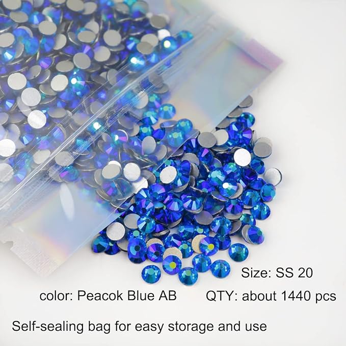 Genie Crystal 1440 Pcs Peacock Blue AB Rhinestones Flatback SS 20, 5 mm 10 Gross Pack Blue Zircon Aurora Borealis Glass Glue on Rhinestone for Tumbler, Cup, Shoes, Dreass,DIY Crafts, Bling Decoration