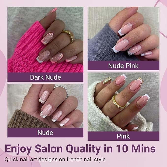 Gel French Tip Nails Medium Square Press on Nails White Tips 300Pcs Pre-applied Primer Natural Pink Fake Nails Extensions Kit for Women Girls DIY
