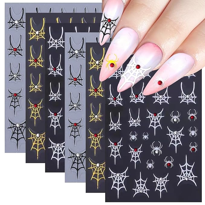 SILPECWEE 6 Sheets Halloween Nail Art Stickers, 3D Metal Nail Stickers Diamond Spider Web Nails Art Design Decal Manicure Sticker for Women Girl DIY Holiday Decoration