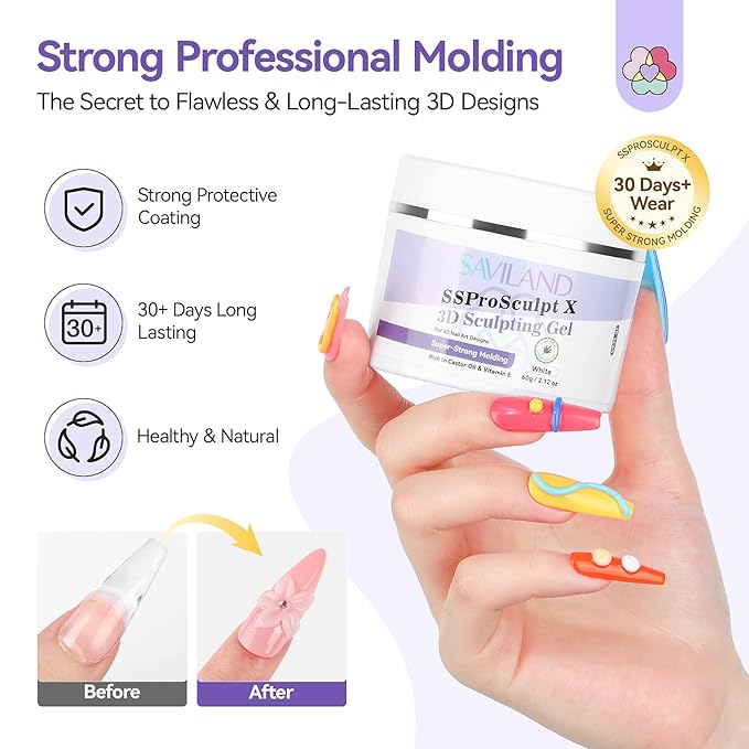 SAVILAND 60 g 3D Nail Gel: Strong Molding 3D Gel Nail Art Sculpture White Sculpting Gels No Wipe for Extension Non Sticky Gels Builder 3D DIY At Home Gift Set