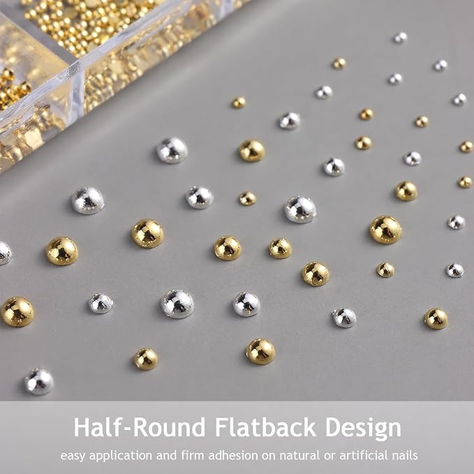 Gold & Silver Nail Caviar Beads, Mixed Size Half-Round Metal Nail Beads for Nail Art, Flatback Alloy Nail Decorations with Tweezers, Manicure Accessories, Balines para Uñas