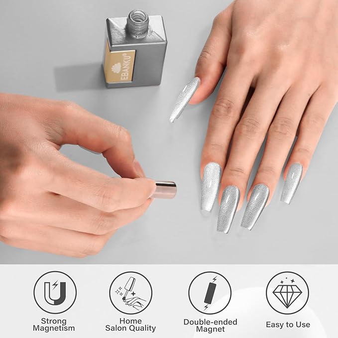 EBANKU Cat Eye Gel Polish with Magnet 15ML 0.5 OZ Holographic Glitter Shimmer Translucent Jelly Color Magnetic Polish Salon DIY at Home (Silver)