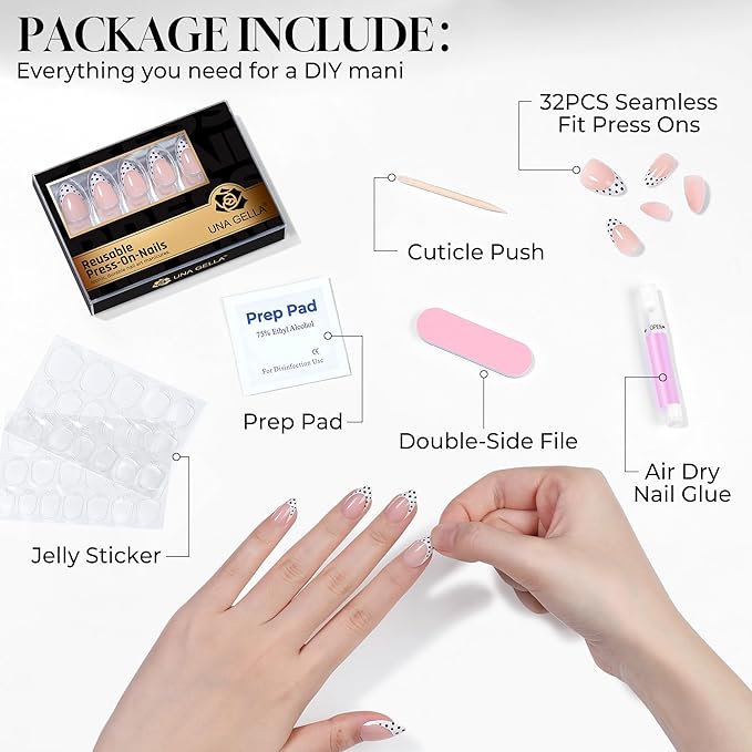 UNA GELLA 32Pcs Soft Gel Press on Nails - 16 Sizes Polka Dot French Tip Almond Glue on Nails, Reusable Nude False Nails with Black Dots, Full Cover Acrylic Nail Kit for Women DIY Home Manicure