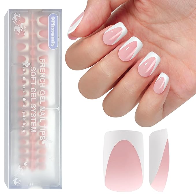Pink French Gel Nail Tips, OPkssnails 150pcs Short Square Soft Deep French tip press on nails, Pre-shaped Acrylic False Nails, No Need to File Fake Nails Extension in 15 Sizes