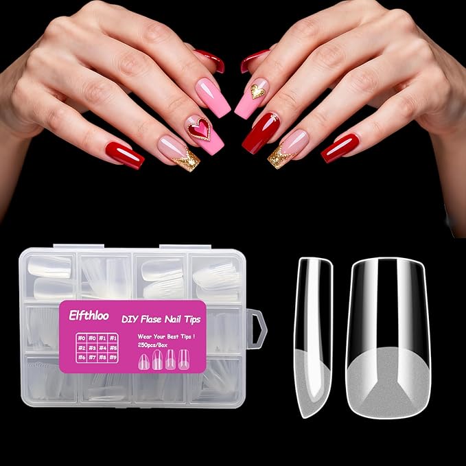 250PCS Clear Acrylic Nail Tips, 1 Shapes 10 Sizes - Half Matte Full Cover Fake Nails for DIY Manicure, Salon Professionals & Beginners - Rectangle Pre-Shaped Extensions