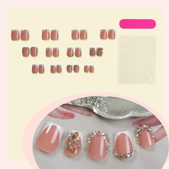Square Press on Nails Short Fake Nails with Designs Stars Rhinestone Stick on Nail White French Acrylic False Nail Glossy Artificial Nail Full Cover Glue on Nails for Women 24Pcs