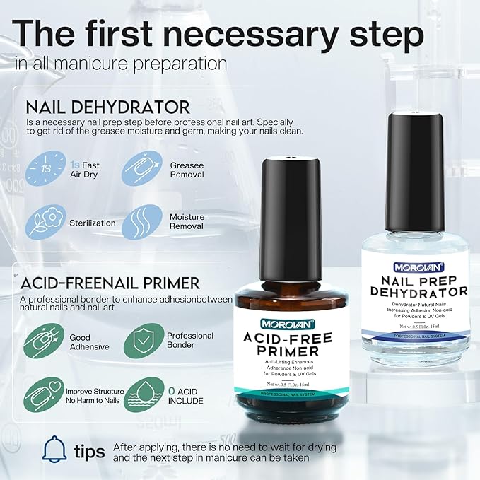 Morovan Nail Prep Dehydrator and Primer, Natural 4 PCS Dehydrator & Acid-Free Bond Primer for Acrylic Powder U V Extension Gel Nail Supplies Set