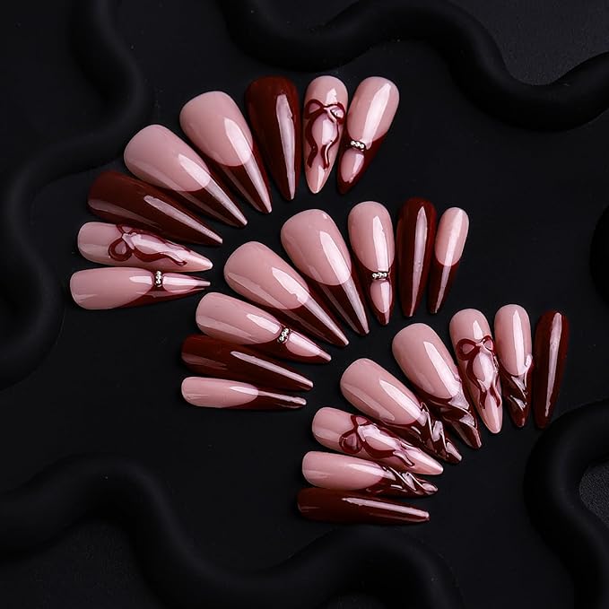 Christmas Press on Nails Long Stiletto MABKJLF Red French Tip Fake Nails 3D False Nails with Bow Ball Designs Glossy Glue on Nail Winter Full Cover Acrylic Nails for Women Girls 24Pcs