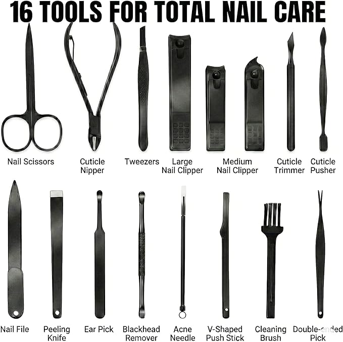 Earth & I 16pc Professional Manicure Kit - Heavy Duty Black Stainless Steel Nail Clippers for Thick Nails - Complete Pedicure Set & Grooming Tools with Portable Travel Case