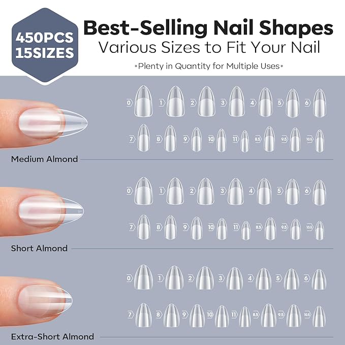 Modelones Medium & Short & Extra Short Almond Nail Tips - Multi-type 3 Styles Set Gel Tips Half Matte Full Cover Clear Acrylic Gel Kit Fake Nails for Extension DIY Salon 450Pcs 15Sizes