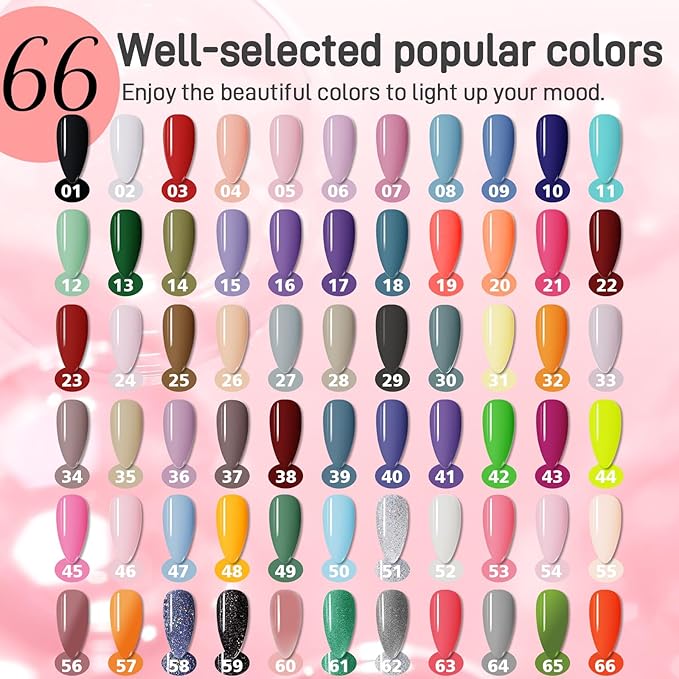 Gel Nail Polish Kit with U V Light 66 Colors Gel Nail Polish with Base and Matte/Glossy Top Coat Nail Gel Polish Soak off Manicure Accessory Tools Suitable for All Seasons