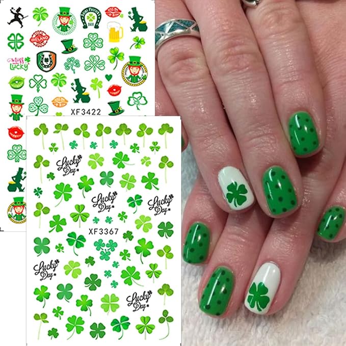 St. Patrick's Day Nail Stickers for Nail Art Lucky Shamrock Nail Art Stickers 3D Self Adhesive Green Four Leaf Clover Nail Decals Spring Summer Cute Nail Design Supplies for Women Manicure 8Sheets