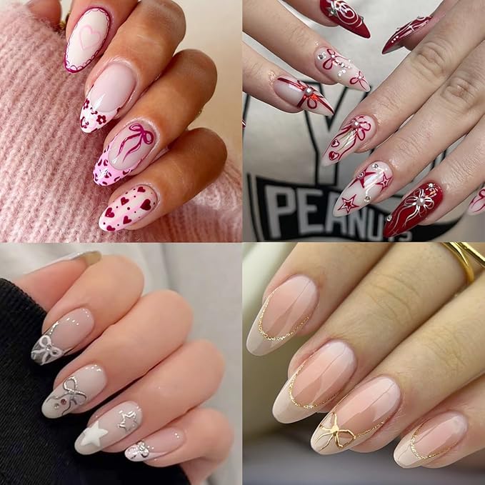 8Sheets Valentines Nail Art Stickers Gold Silver Purple Red Bow Nail Decals 3D Self-Adhesive Colorful Bow Nail Stickers Star Love Heart Sticker Design Cute Nail Supplies Accessories for Women Manicure