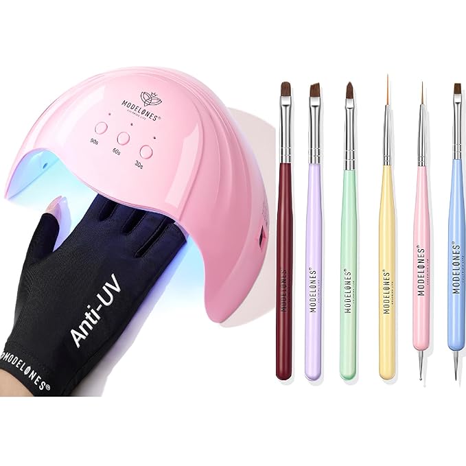 modelones Gel UV LED Nail Lamp with UV Gloves and Nail Art Brushes Set, Nail Art Design Pen Painting Tools with Nail Extension Gel Brush, Nail Art Liner Brush and Nail Dotting Pen for Gel Polish Mani