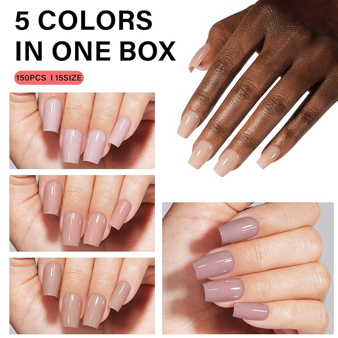 AILLSA RealFit Natural Color Short Coffin Press On Nails 4 in 1 Pre-applied Tip Primer, No Need to File Easy to Apply Long Lasting False Nail for Salon Home DIY Gifts 150 PCS