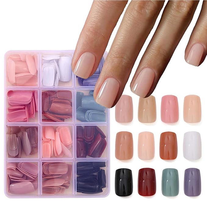 12Packs 288Pcs Square Press on Nails Short Fake Nails Soft Gel False Nails Kit Square Nail Tips Solid Color Acrylic Nails Art for Women Manicure Deco 12 Size - 12 Colors