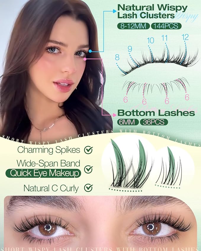 Short Lash Clusters Kit Natural Lash Extension Kit Wispy Eyelash Clusters with Bottom Lashes 6-12MM Manga Cluster Eyelash Extensions C Curly DIY Cluster Lashes Bond and Seal Tweezers by Lvmixwig