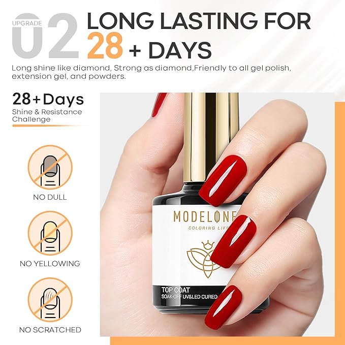 modelones Gel UV LED Nail Lamp with UV Gloves and Gel Top Coat and Base Coat, 2Pcs 10ml Gel Nail Polish No Wipe Top Coat Set, Glossy Shine Long Lasting LED Soak Off For Home DIY and Nail Salon