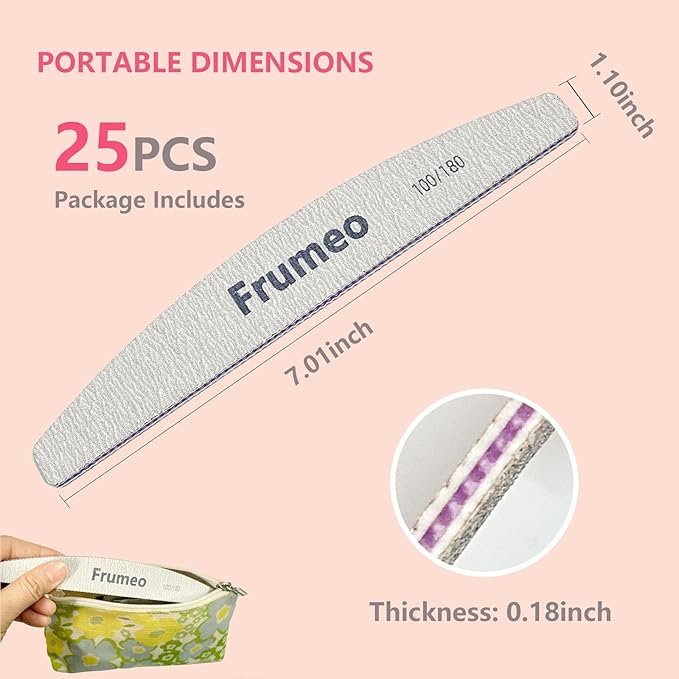 25 PCS Professional Nail File 100/180 Grit, Washable, Reusable Double Sided Emery Board for Acrylic, Extension Gel & Natural Nail, Coarse Manicure Fingernail File for Home and Salon Use