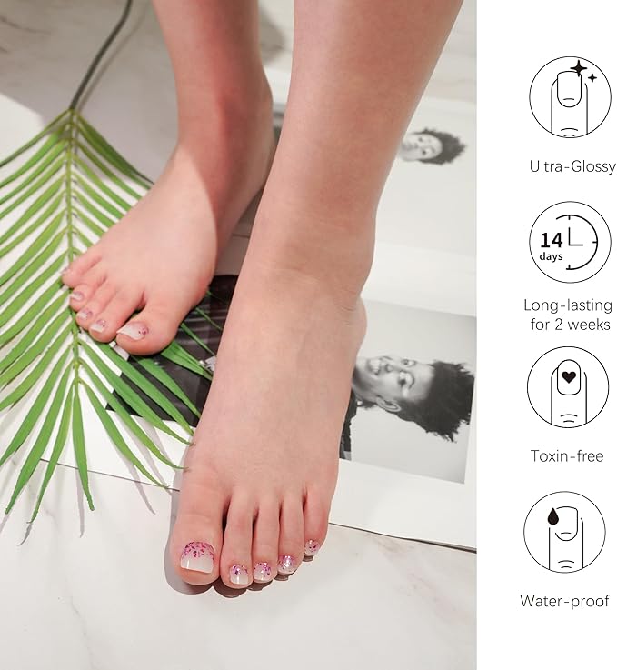 DANNI & TONI Semi Cured Gel Toenail Strips Rose Red Sparkles (Scarlet Gleam) Translucent Toenail Stickers Reverse French Gel Pedi Wraps 37 Stickers