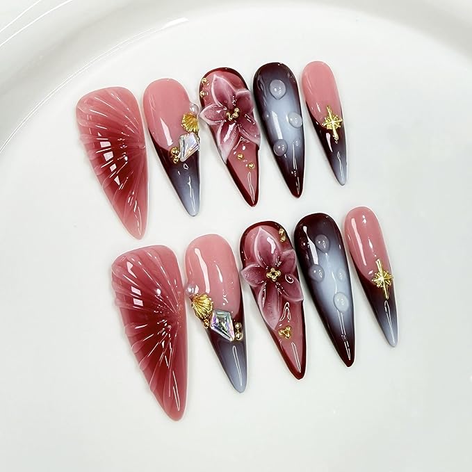 Handmade Press on Nails Long Almond Fake Nails Luxury 3D Flower Art Designs Salon Quality Acrylic Nails Ombre French Tip Sparkly Stick on Nail for Women Manicure 10Pcs (Size M)