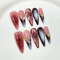 Handmade Press on Nails Long Almond Fake Nails Luxury 3D Flower Art Designs Salon Quality Acrylic Nails Ombre French Tip Sparkly Stick on Nail for Women Manicure 10Pcs (Size M)