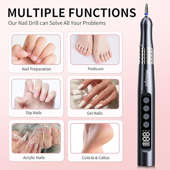 Professional Cordless Nail Drill and UV Light, 35000 RPM Electric Nail Nail Tools, Portable Rechargeable brushless Nail Drill for Home & Travel, Gray(KY-9GJ)