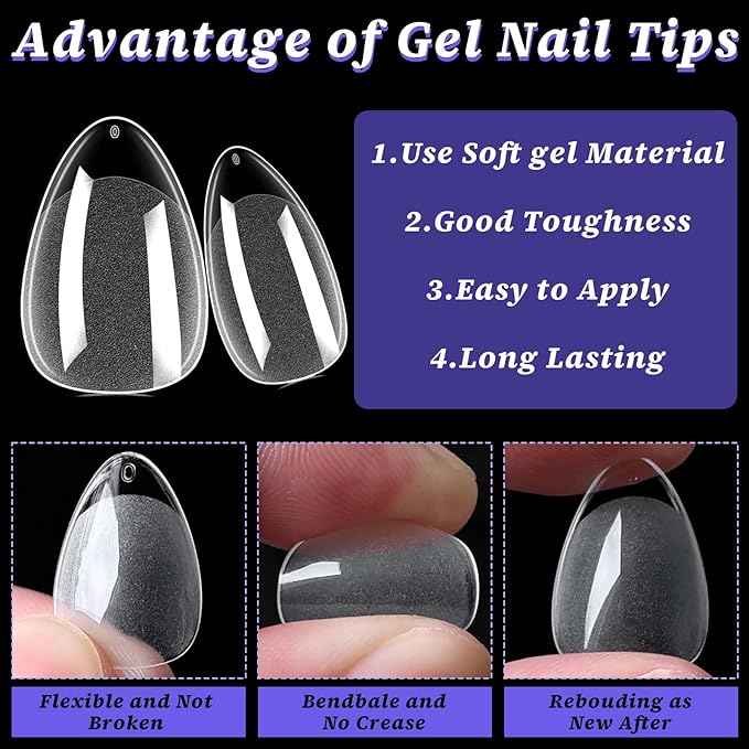 240pc Extra Short Gel Nail Tips Almond Fake Nails Clear Press ons Nail, XS Short Almond Nails Tips Acrylic Nails Extension Soft Gel Nails Tip Full Cover False Nail Clear Artficial Fingernails