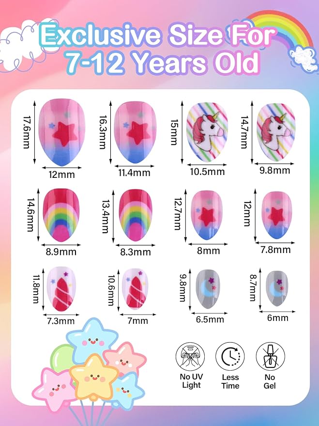 EBANKU 3 Pack Unicorn Press on Nail Kid, Cute False Nails for Kids Colorful Press on Nail Short Artificial Fake Nail Kits for Women Girls