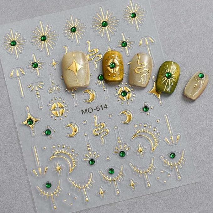 4 Sheets Boho Nail Stickers for Nail Art 5D Embossed Sun Moon Star Nail Decals Gold Silver Stickers with Bohemia Style Design,3D Self Adhesive Nail Art Supplies for Women,DIY Manicure Decor