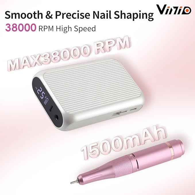 Vinid Professional Electric Nail Drill - 38,000RPM Rechargeable Manicure Kit for Filing, Cuticle Care, Buffing & Polish Removal with Adjustable Speed, Quiet Motor & Portable Design, White and Purple