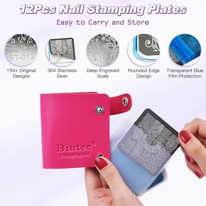 Biutee Nail Stamper Kit 12Pcs Nail Stamping Plate 8Pcs Stamping Gel Polish Nail Stamping Kit with Silicone Stamper Scraper Storage Bag Lace Plaid Stamp Template Holiday Gift for Women