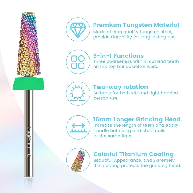 C 5-in-1 Nail Drill Bits, 16mm Tapered 3/32'' Professional Tungsten Carbide Bits for Efile, 2 Rotation for Electric Drill, Remove Thick & Soft Gel Fast, Manicure Cuticle Polish, Nail Techs Bit, Coarse