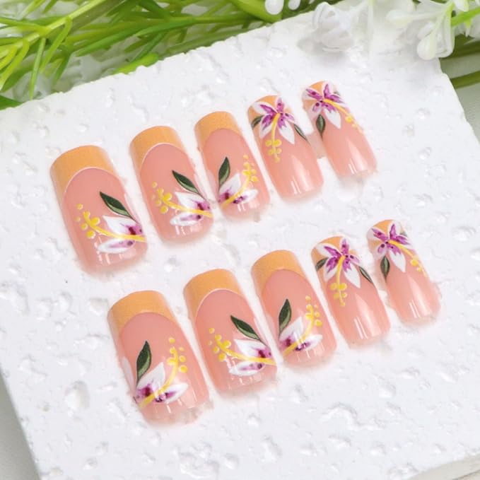 Flower Press on Nails Square Medium Long Fake Nails with Orange French Tip Floral Designs Acrylic Glossy Glue on Nails Press ons Fall Stick on Nail for Women 24 Pcs