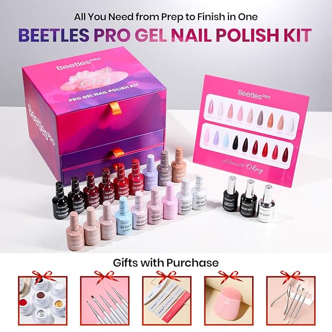 Beetles PRO Gel Polish Kit – Almost Okay Collection, 18 Colors 15ml Valentines Salon Polish Set with Base Coat, Glossy & Matte Top Coats, 6 Painting Gel For Nails Tools, UV Nail Lamp Cure Needed