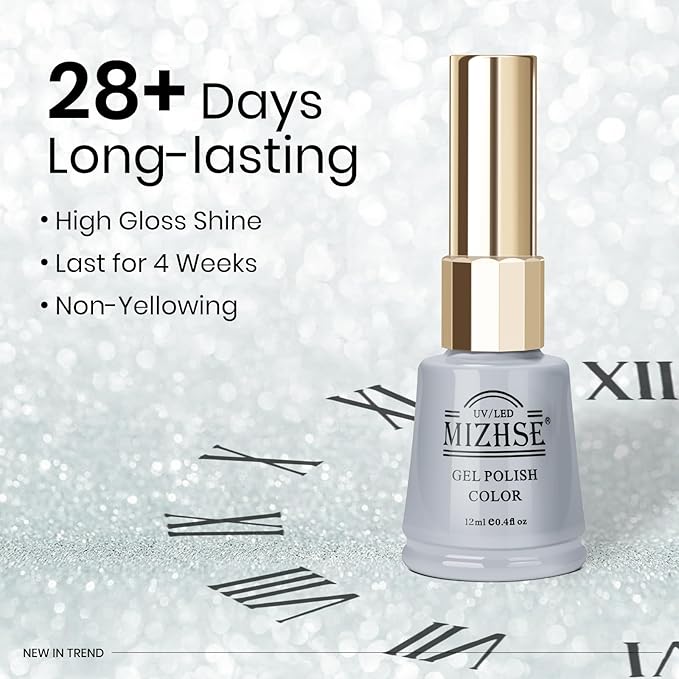 MIZHSE Silver Glitter Gel Polish, Silver Iridescent Gel Polish Glitter 2-in-1 Sparkly Long Lasting Soak Off, for Nail Art Home DIY 12mL