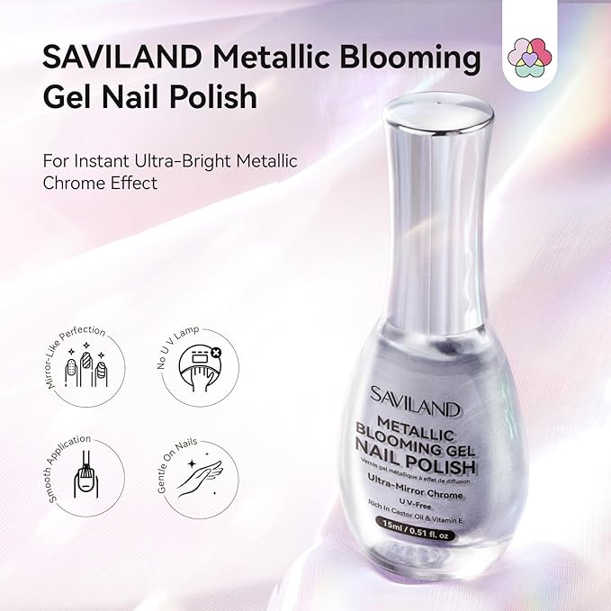 SAVILAND Silver Metallic Nail Polish: 15ml Chrome Nail Polish No UV Lamp Needed Mirror Gel Nails Polish Metal Blooming Gel Polish Air Quick Dry Spreading Effect Nails Art Design