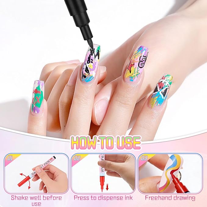 12 Colors Nail Art Pens Set,2026 Upgraded Nail Art Markers for Gel Nails,Quick Dry Long Lasting Nail Polish Pen,DIY 3D Drawing Dotting Painting Nails Liner Brush for Dotting Painting Home Use(B)