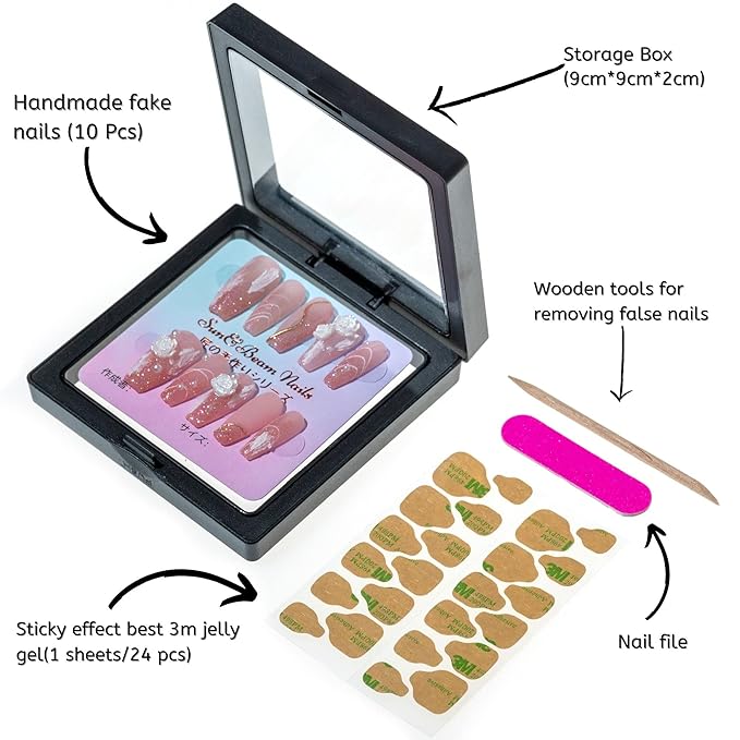 Sun&Beam Nails Handmade Press on Fake Nails Medium Long Nail Tips Popular Design Ballerina Pink 3D Flower Cute Pearl with Storage Box 10 Pcs (#002 L)