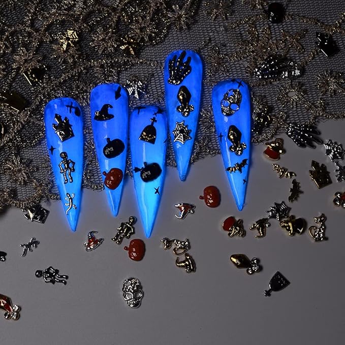 Halloween Nail Charms - 24 Styles/Box Metallic Nail Studs & Rhinestones DIY Decorations