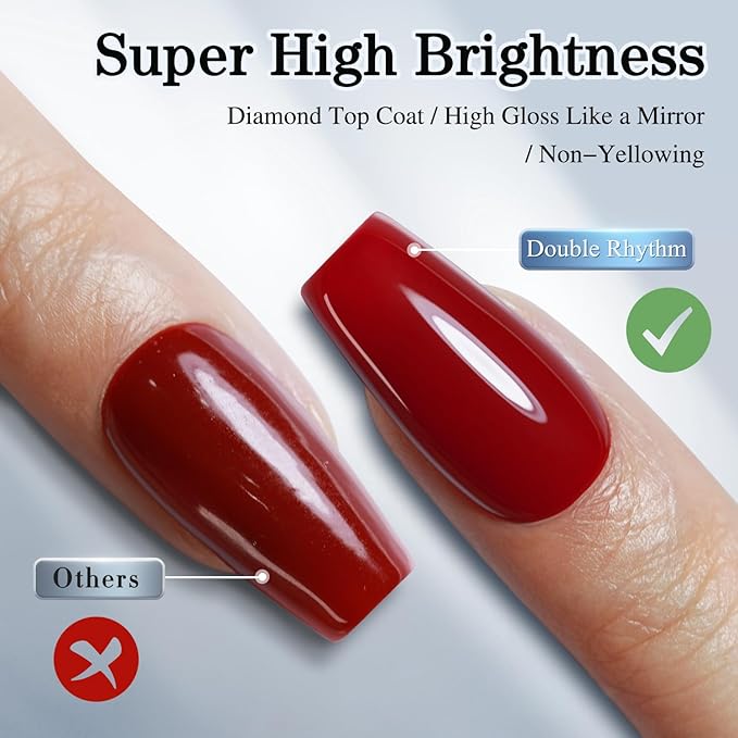 Double Rhythm 2 Pcs 15ML No Wipe Gel Top Coat and Base Coat Set Clear Glossy Gel Polish Kit Soak Off UV LED (2Pcs Top Coat)