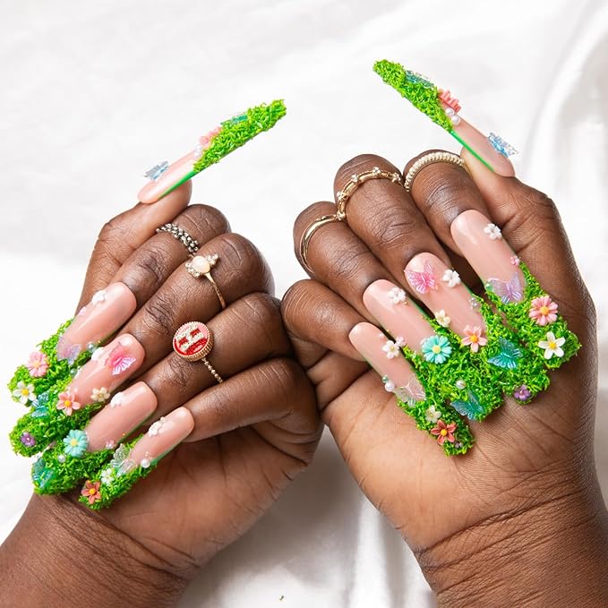 LOVFUL Press on Nails Fairy Tale Garden| Handmade with Full Covered Crystals | Reusable Fake Nails | Square Long 2.2 in | H151-L