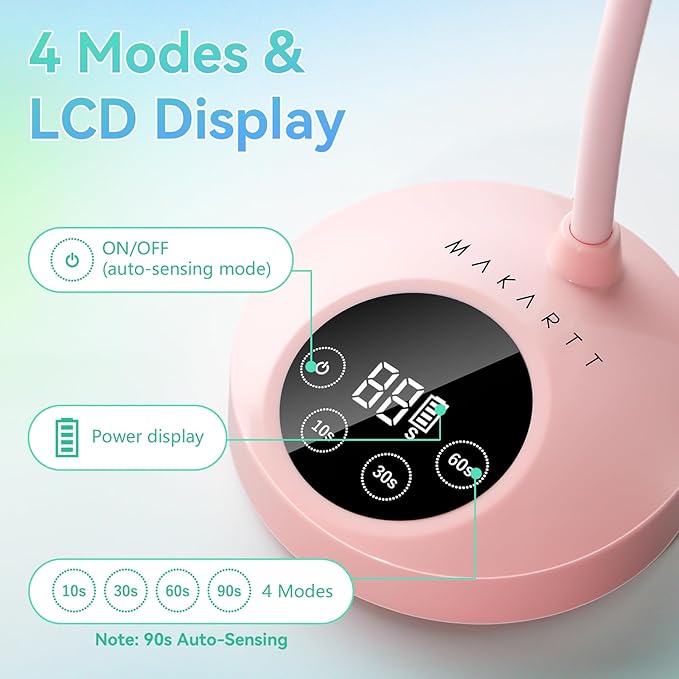 Makartt UV Nail Lamp: Flash Cure lamp UV Light for Gel Nails Polish Luminoza 30mW/cm² Rechargeable LED Nail Light with 4 Timers & Auto Sensor Fast Curing Goosenecks Lamp for Home DIY Manicure (Pink)