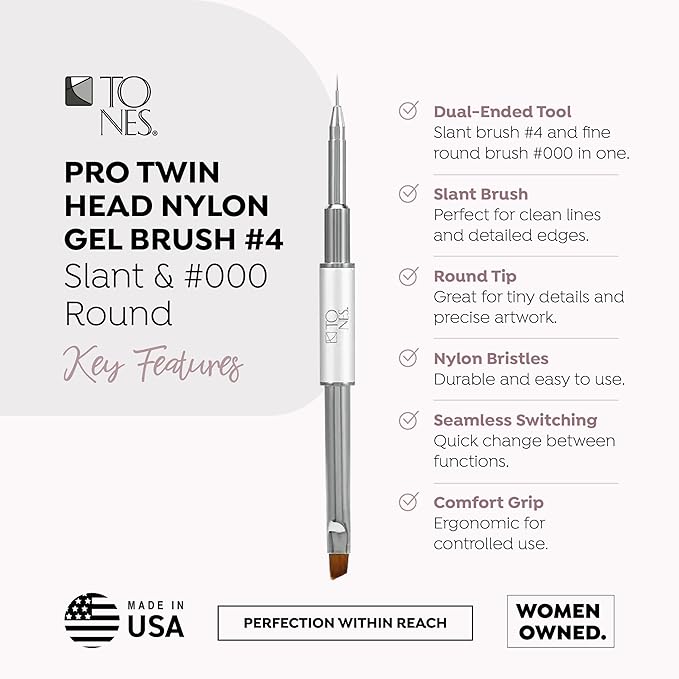 Tones Twin Head Nail Art Nylon Gel Brush - 100% Kolinsky Sable Hair Brush for Acrylic Nails - Ultra Precise Nail Sculpting and 3D Nail Art Brush best for Salon & Home (#4 Flat & #000 Round)