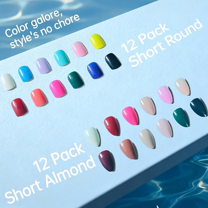 576Pcs Press On Nails, Mixed 12 Short Round & 12 Almond Glossy Full Cover False Nail Tips with Flower Stickers & Adhesive Tabs for Woman DIY Nail Art Practice & Daily Wear (Bright Color)