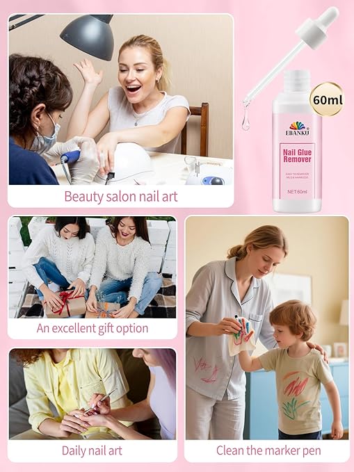 EBANKU 60ML Nail Glue Remover, Press On Nail Remover Quick Easy Removal, False Nails Adhesive Debonder with Cuticle Pusher, Non-Acetone Gentle Off for False Tips