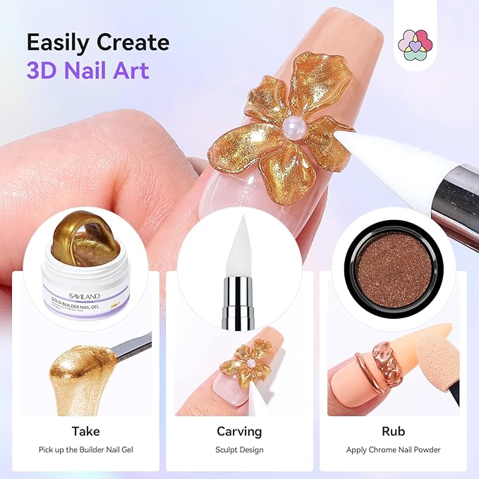 SAVILAND Non Sticky Solid Builder Nail Gel: Gold Silver Metallic 3D Nail Gel No Wipe Sculpting Gel for Nail Art Easy Sculpting Molding Gel with Chrome Nail Powder DIY Manicure Carving Decoration Salon