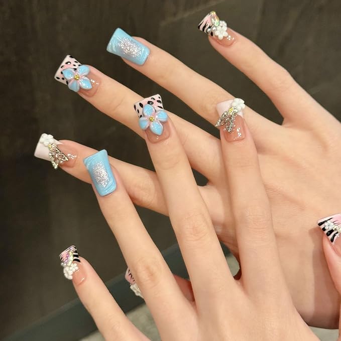 10pcs Handmade Press on Nails for Women - Medium Duck Curve 3D Thick Acrylic Fake Nails Reusable,Designer Floral Butterfly Rhinestones Bling Boho Funky Y2k Nail-art Set,L,pink blue